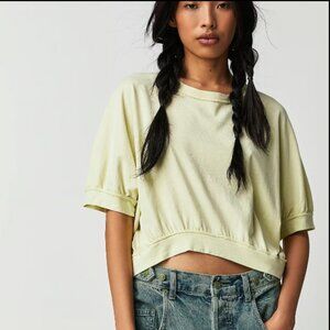 WE THE FREE PEOPLE KEY LIME TEE BANDED PUFF SLEEVE CREW NECK SHIRT TOP XS/S